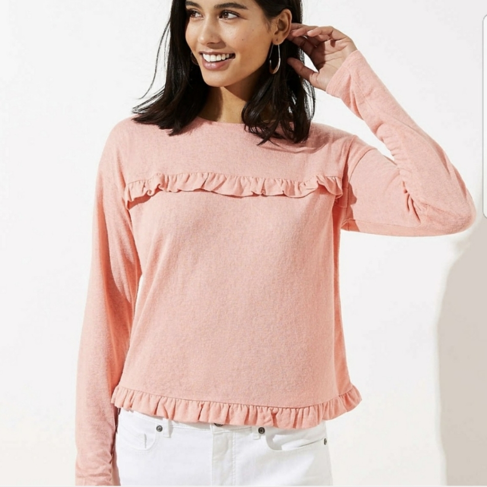 NWOT LOFT Long Sleeve Cropped Ruffle Top, Coral- Size S